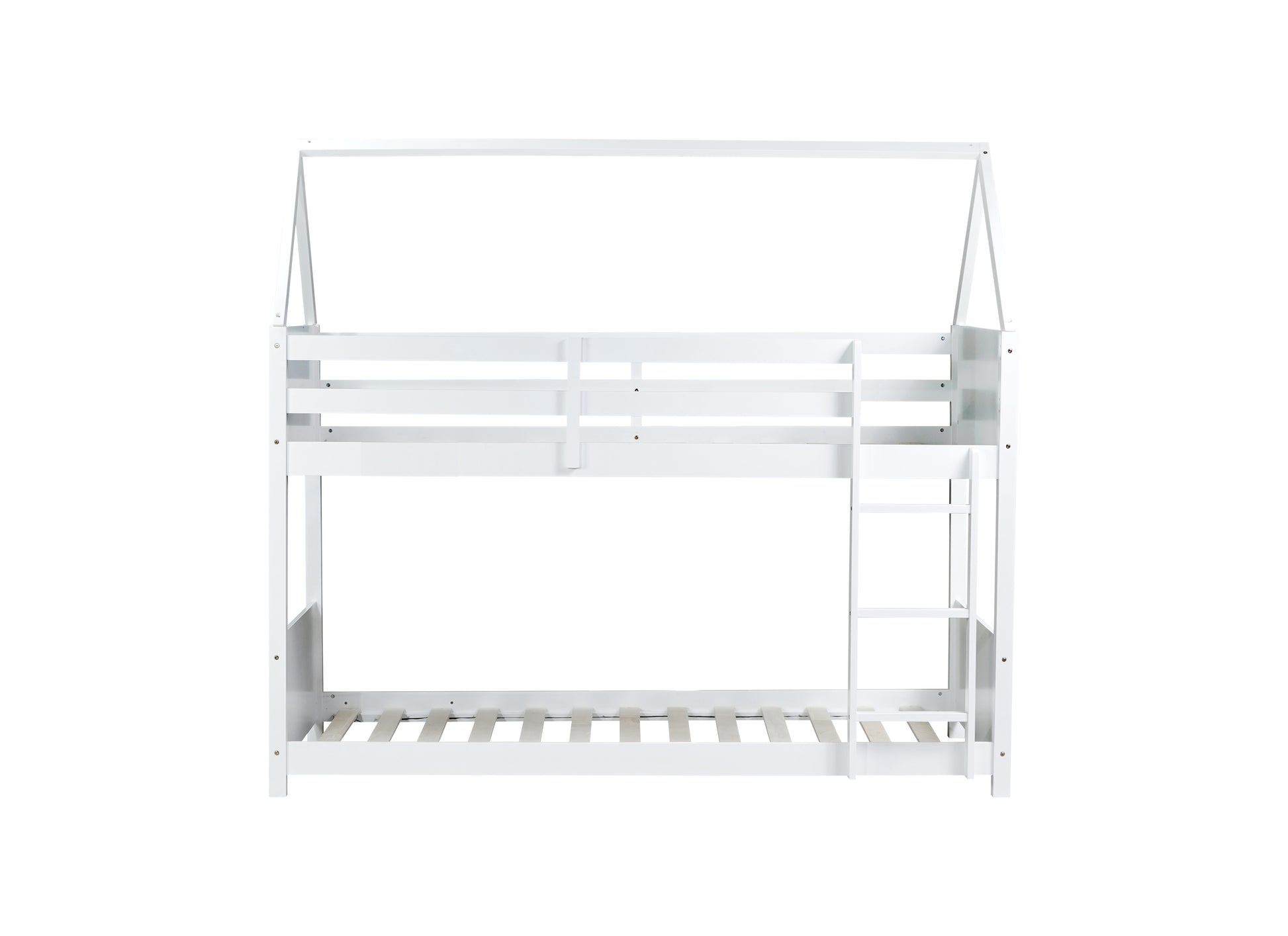 Twin Over Twin House Floor Bunk Bed With Headboards, Footboards And Guardrails, Ladder, Rubber Wood Bunk Bed With Safety Guardrails,White Twin White Rubber Wood