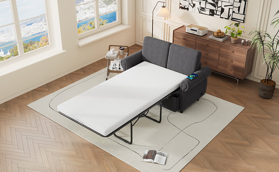 57.9" Orisfur Pull Out Sofa Bed Loveseat Sleeper With Twin Size Memory Mattress With Two Usb Ports For Living Room Spaces Old Sku:Wf305474Aae , Grey Grey Foam Linen