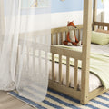 Full Size Canopy Frame Floor Bed With Fence, Guardrails,Natural Full Natural American Design Pine