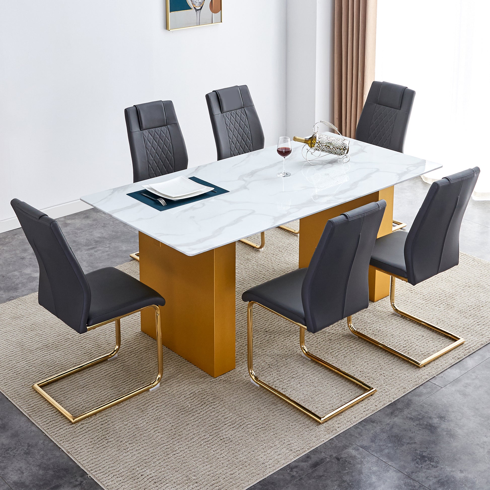 Table And Chair Set.Large Modern Rectangular Table With 0.4 Inch Patterned Glass Tabletop And Large Mdf Table Legs.Comes With 6 Chairs With Faux Leather Cushioned Seats And Golden Metal Legs. Gold White Seats 6 Mdf Glass