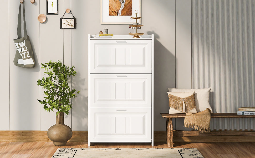 Shoe Storage Cabinet For Entryway With 3 Flip Drawers, Modern Shoe Organizer Cabinet, Free Standing Shoe Rack For Hallway, Living Room, White White Mdf