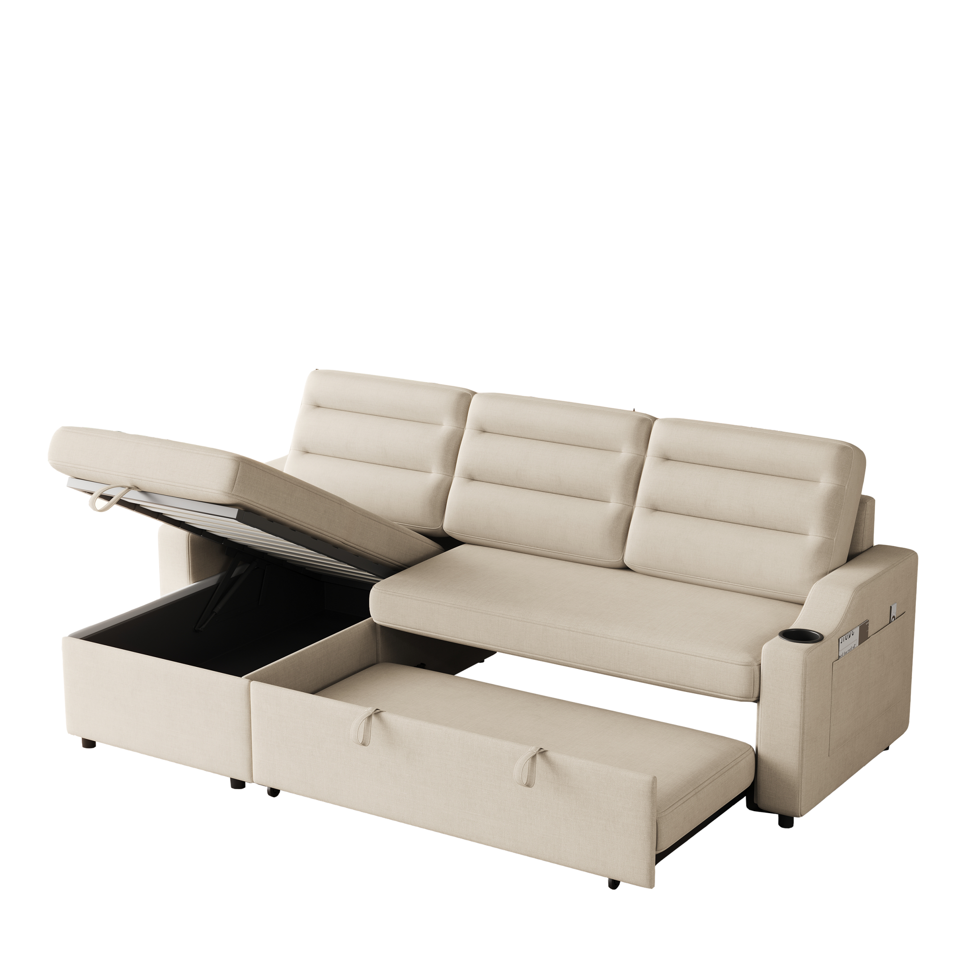 Mh83.5" Convertible Sleeper Combo Sofa, Convertible Sofa Bed Polyester Pullout Bed With Storage Recliner And Cup Holder For Living Room, Tight Spaces Beige Polyester Wood Primary Living Space Pine Foam Fabric 3 Seat