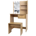 Vanity Desk Set Stool & Dressing Table With Led Lighting Mirror Drawer And Compartments Modern Wood Cosmetic Table Chest Of Drawers Nature Color Natural Wood Particle Board