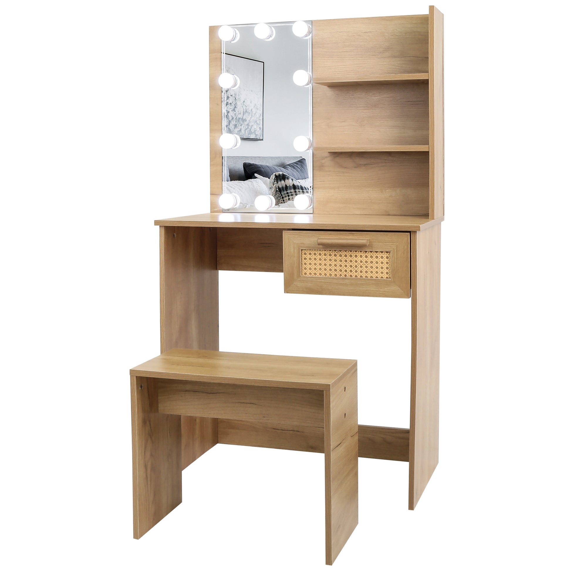 Vanity Desk Set Stool & Dressing Table With Led Lighting Mirror Drawer And Compartments Modern Wood Cosmetic Table Chest Of Drawers Nature Color Natural Wood Particle Board