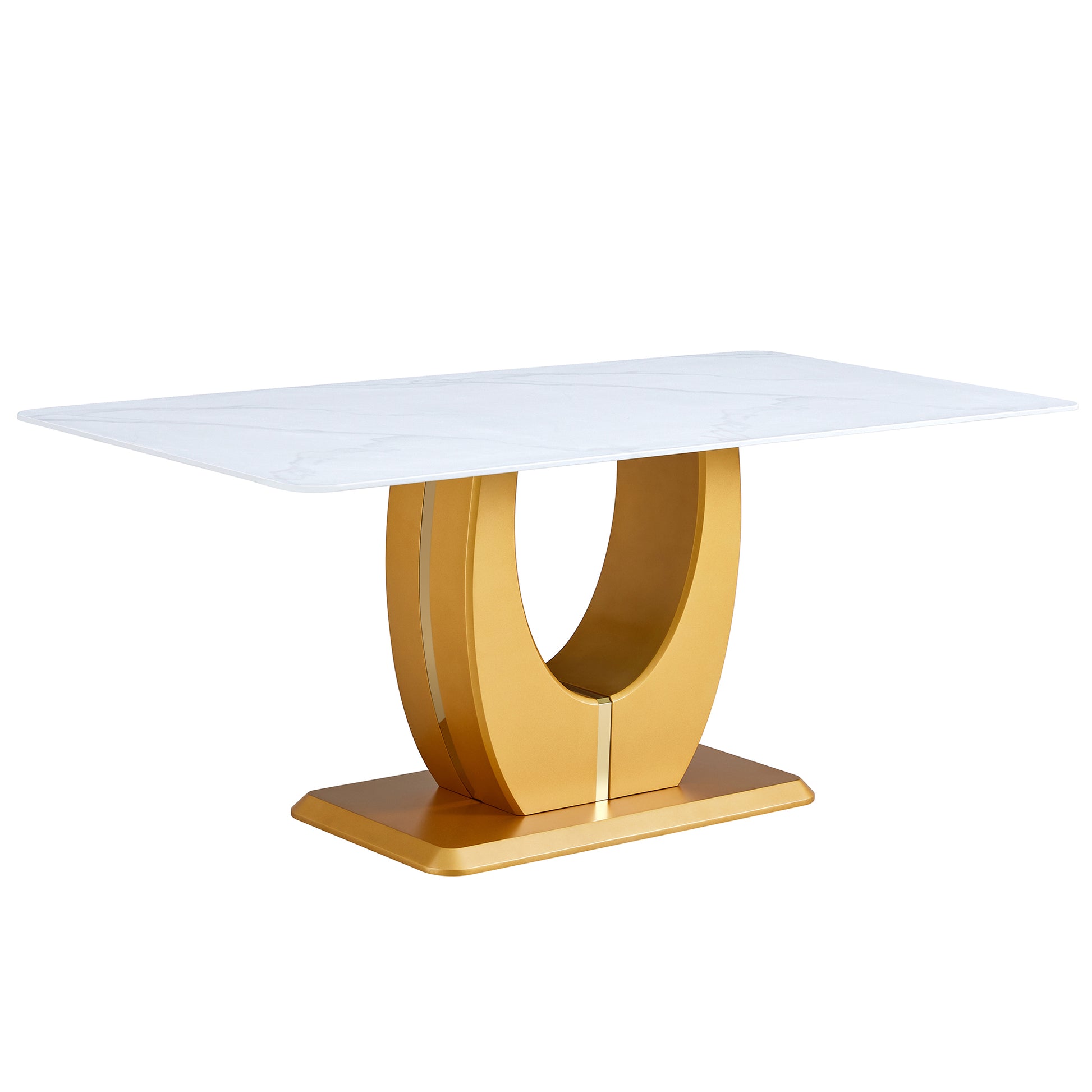 Table And Chair Set, Modern Minimalism And Luxurious White Rectangular Pattern Dining Table. Soft And Comfortable Dining Chairs For Dining Rooms, Living Rooms, Terraces And Kitchens. White Seats 6 Mdf Glass