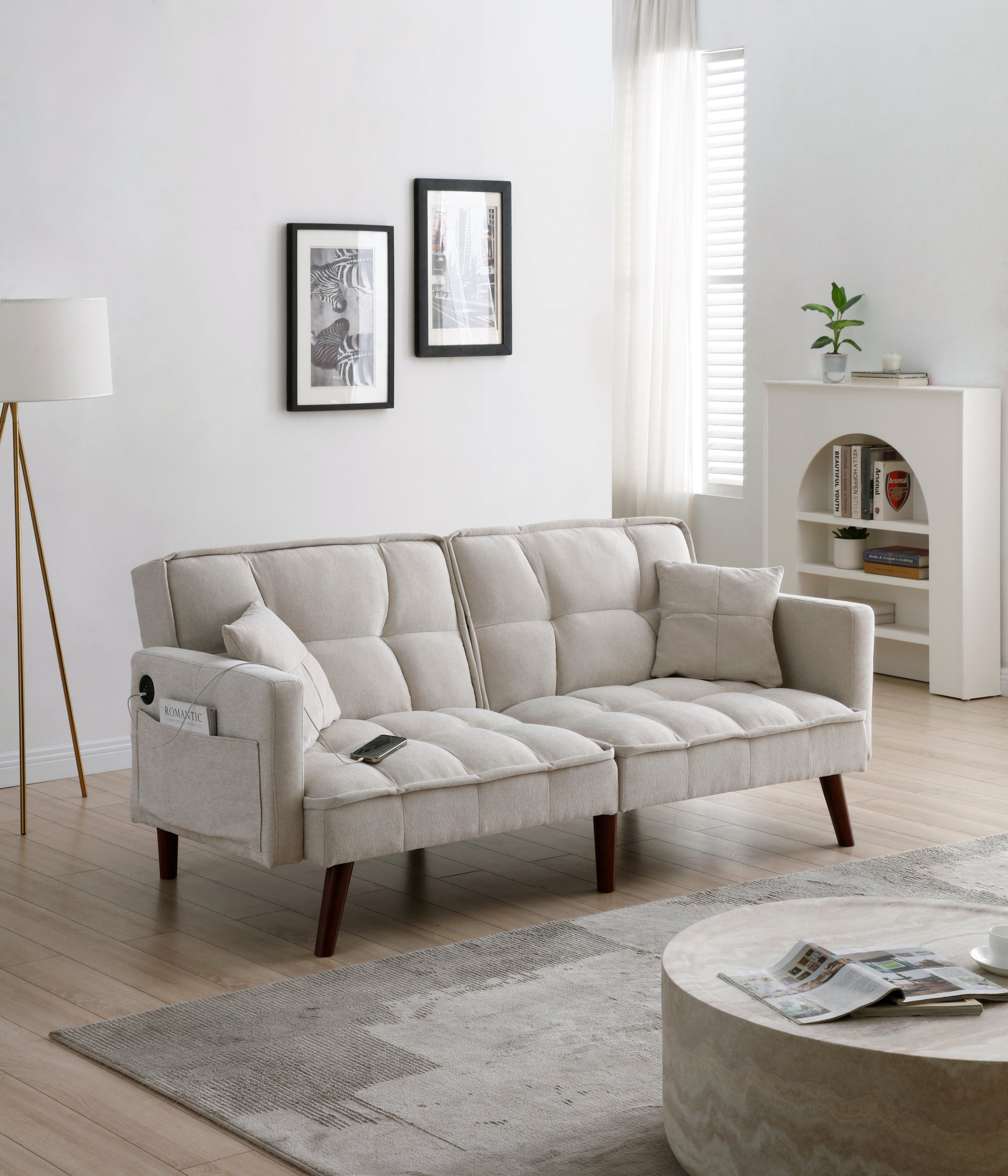 Sofa Bed Sleeper, Usb Charging Port, Chenille Fabric Folding Futon Recliner For Living Room Furniture Apartment Bedroom Office Small Spaces Beige Brown Chenille Wood Primary Living Space Medium Soft Tufted Back Modern Rubberwood Foam Solid Wood 2 Seat