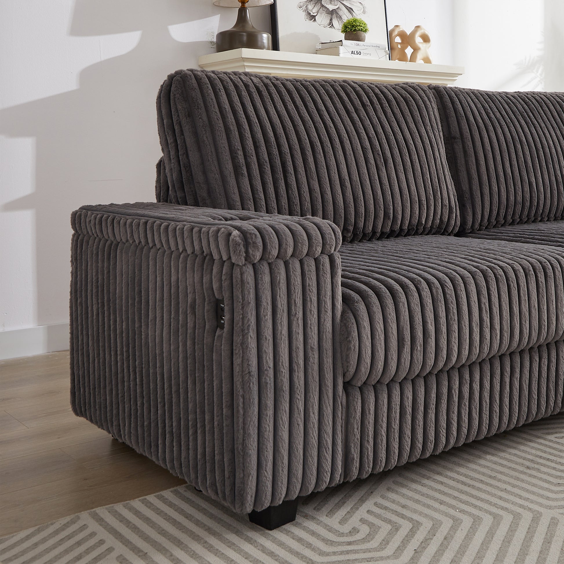110 Inch Oversized Corduroy Corner Sofa,L Shaped Corner Couch With Two Storage Spaces,Usb Port & T Pyce Port And Cup Holderdeep Seat Comfy Upholstered Couches For Living Room Not Freely Combinable Dark Grey Corduroy 5 Seat