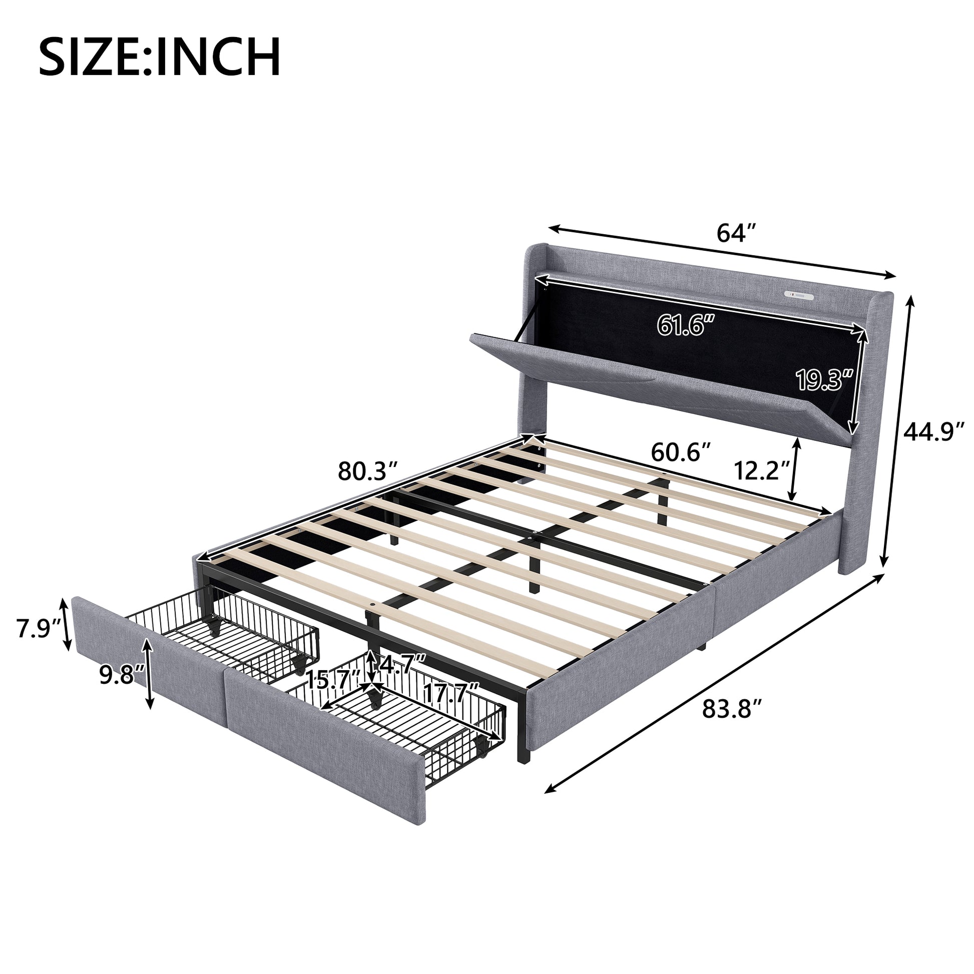 Queen Size Upholstery Platform Bed With Storage Headboard, Led, Usb Charging And 2 Drawers, Gray Queen Gray Upholstered