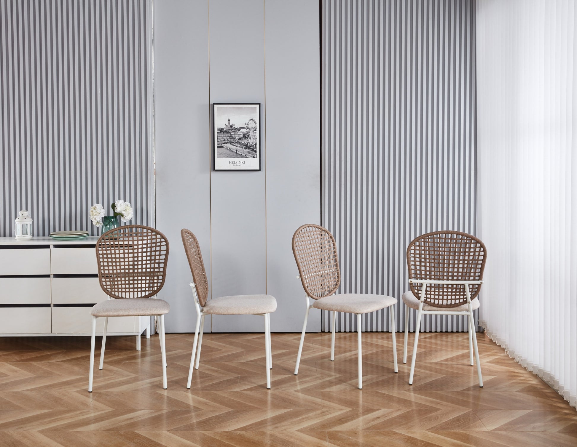 Beige Sennit Chair,Set Of 4,Dining Chair,Coffee Chair White Metal