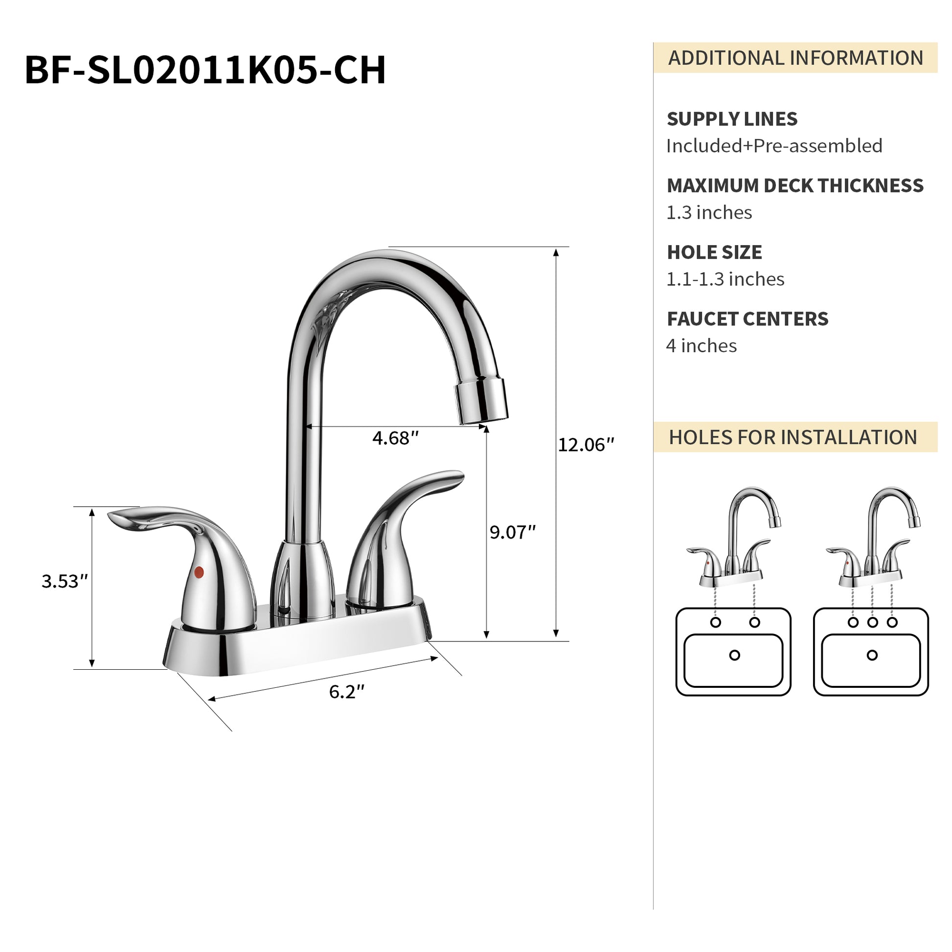 Bothwa Home 12.06" Cupc Certified 2 Handle Bathroom Sink Faucet Chrome Finish Two Chrome Deck Mounted Cartridge Valve Centerset Faucets Bathroom Abs,Ceramic,Stainless Steel,Zinc Manual