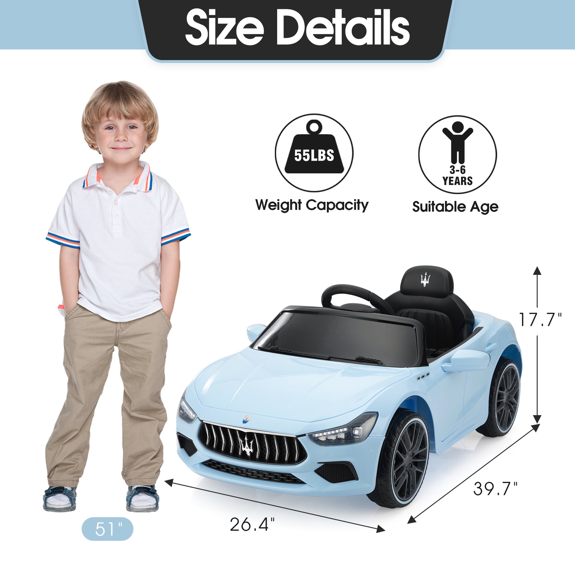 Maserati Ghibli Licensed 12V Kids Ride On Car, Battery Powered Electric Vehicle W 2.4G Remote Control, Led Lights, Mp3 Music, Usb, Horn, Children Age 3 6, Small, Light Blue And Black Black Blue Polypropylene