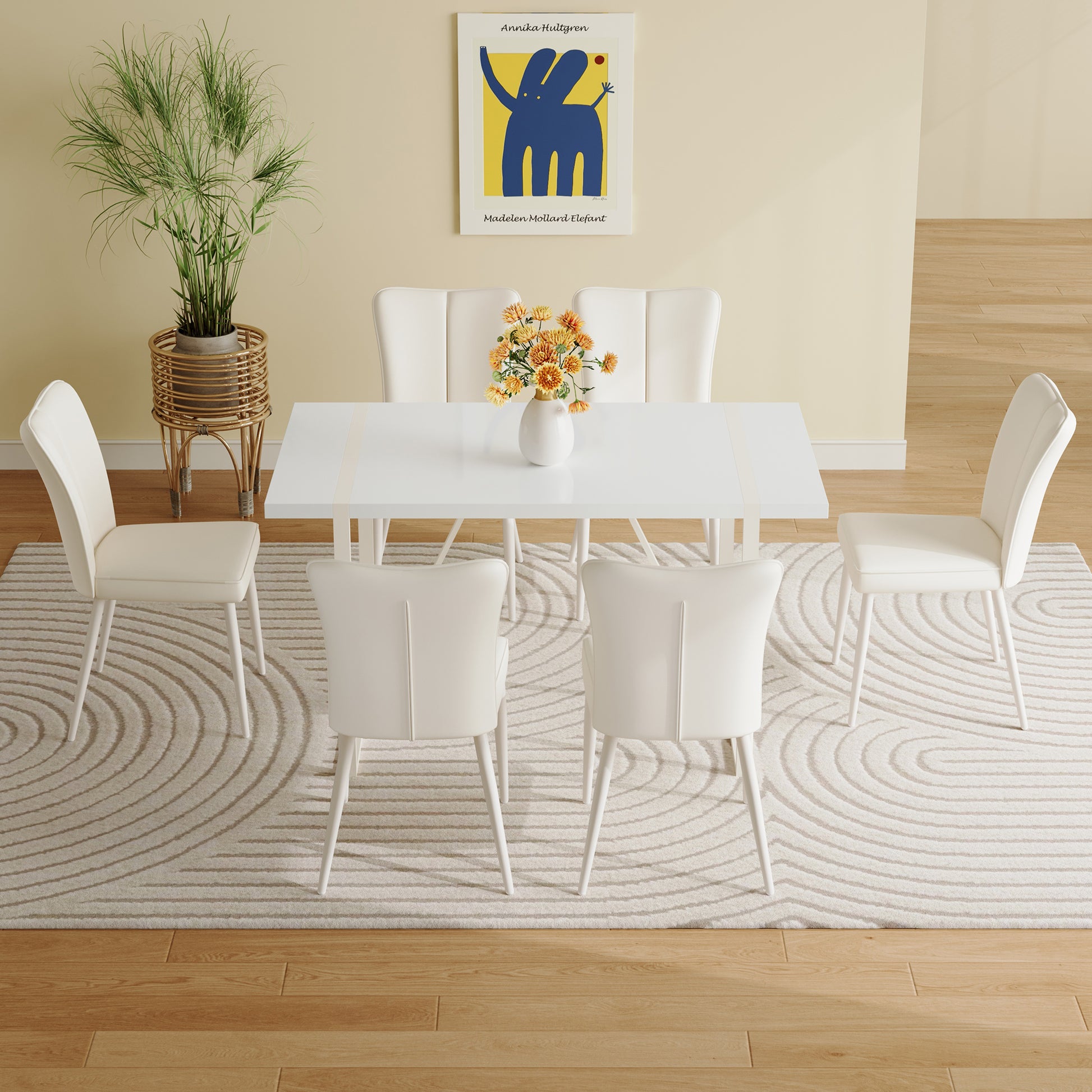 55"X31.5"Cream Style White Mdf Dining Table Set With 6 Armless Chairs.Mdf Tabletop And Metal Legs.The Backrest Of The Dining Chair Has A Vertical Line Design.Adding A Warm Atmosphere To Your Family.