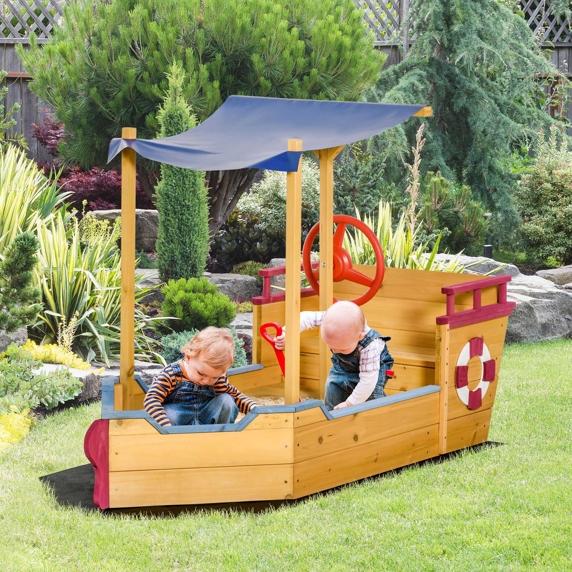 Outsunny Pirate Sandbox With Cover And Rudder, Wooden Sandbox With Storage Bench And Seat, Outdoor Toy For Kids Ages 3 8 Years Old Orange Wood