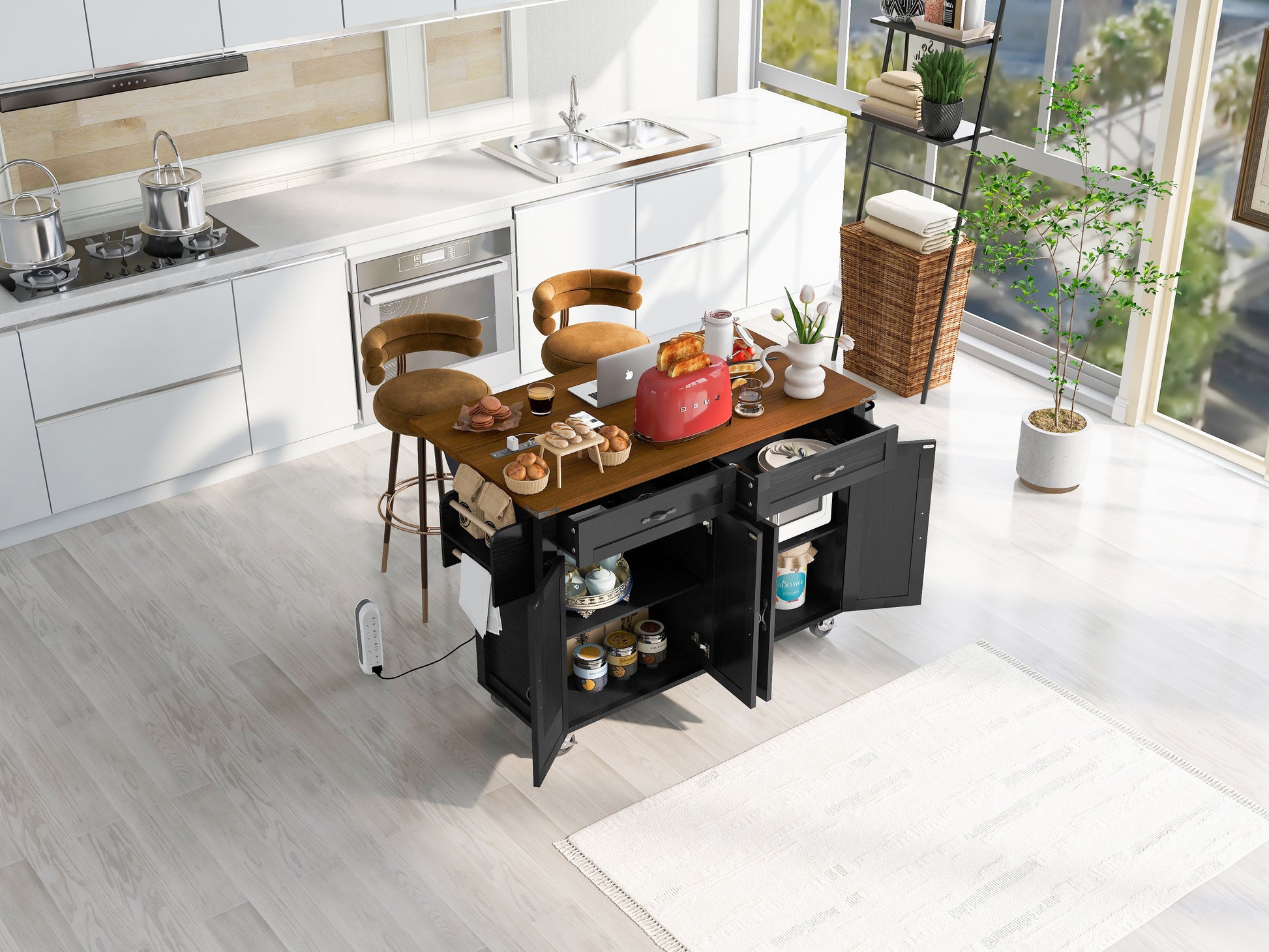 K&K 53.5''Farmhouse Kitchen Island With Power Outlet, Kitchen Storage Island With Drop Leaf, Spice Rack And Drawer, Rolling Kitchen Cart On Wheels, For Home, Kitchen And Dining Room, Black Black