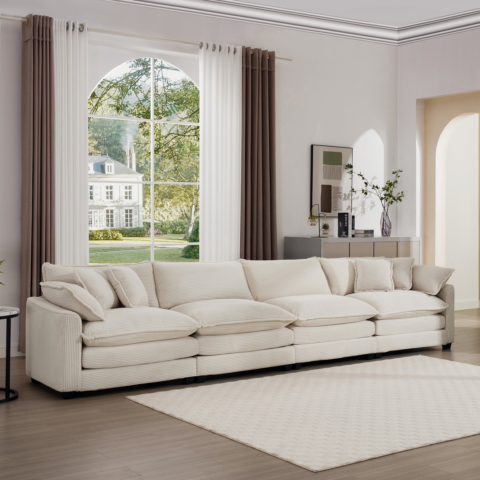Modern Upholstered 4 Seater Fabric Sofa With Comfortable Back Cushions, Seat Cushions And Pillows, Light Beige Corduroy Sofa Beige Corduroy 4 Seat