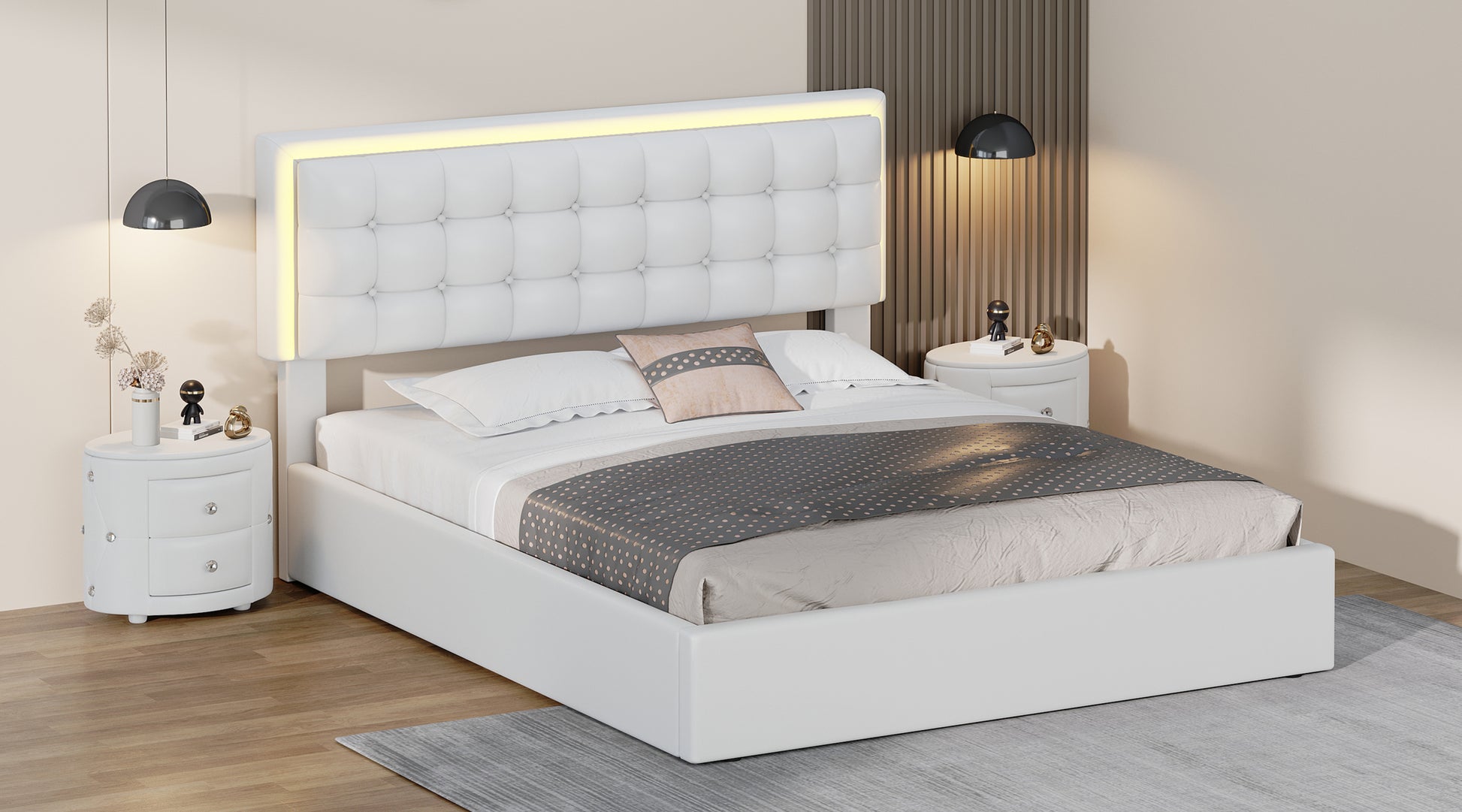 3 Pieces Bedroom Sets,Queen Size Upholstered Bed With Led Lights,Hydraulic Storage System, Two Nightstands With Crystal Decoration,White Queen White 3 Piece Set Wood