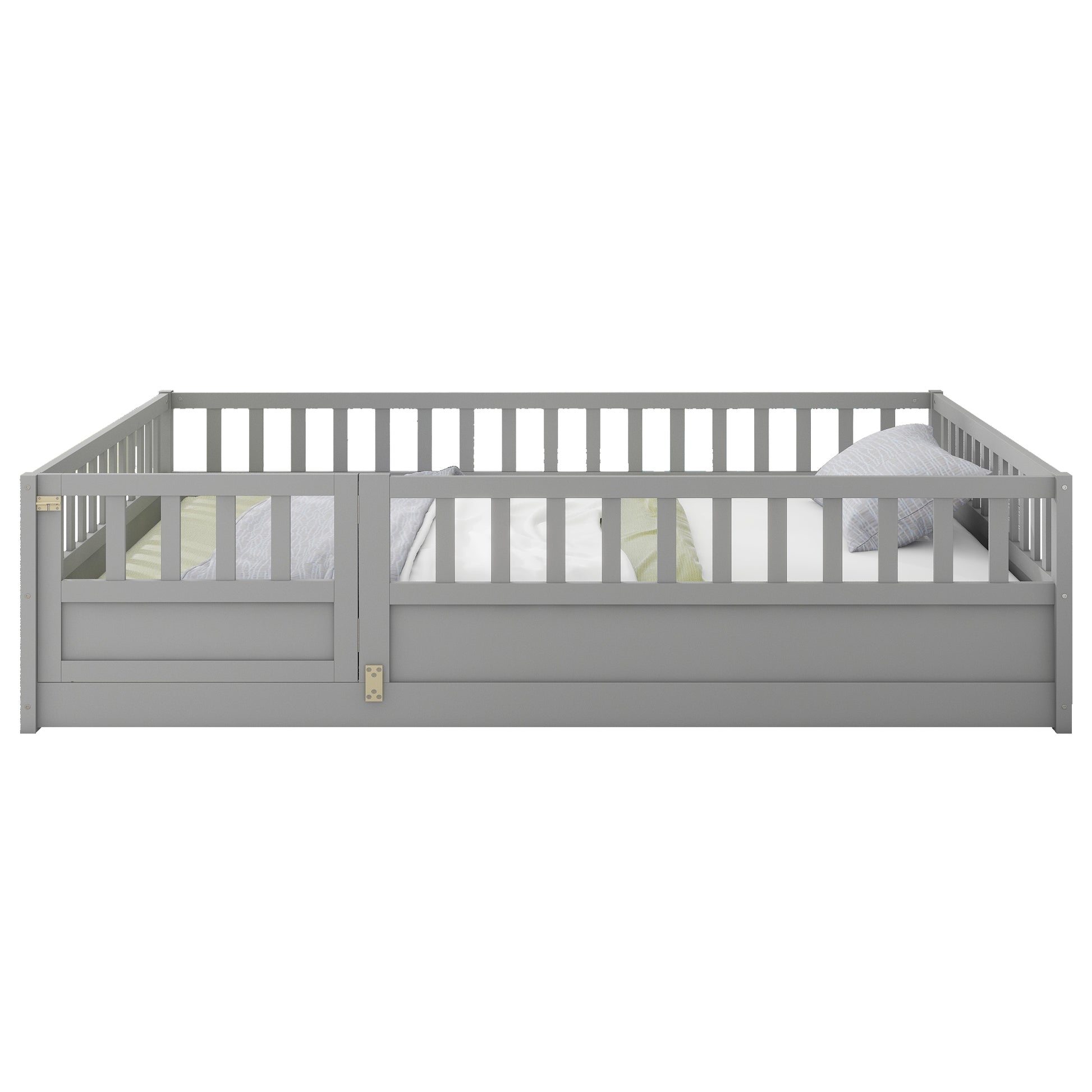 Full Size Floor Bed, Integral Construction With Super High Security Barrier, Door, Children'S Floor Bed Frame, Montessori Wooden Children'S Floor Bed, Support Slat Grey Box Spring Required Full Grey