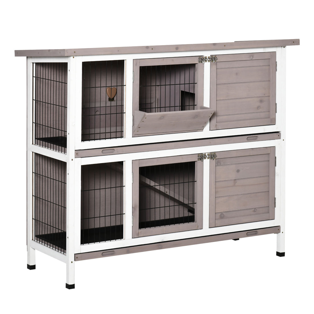 Pawhut Indoor Or Outdoor Rabbit Hutch With Quick On The Go Feeding, Wood Rabbit Cage, Long Hopping Distance, Medium Rabbit Hutch, 4 Door, No Leak Tray, Grey Brown Brown Wood