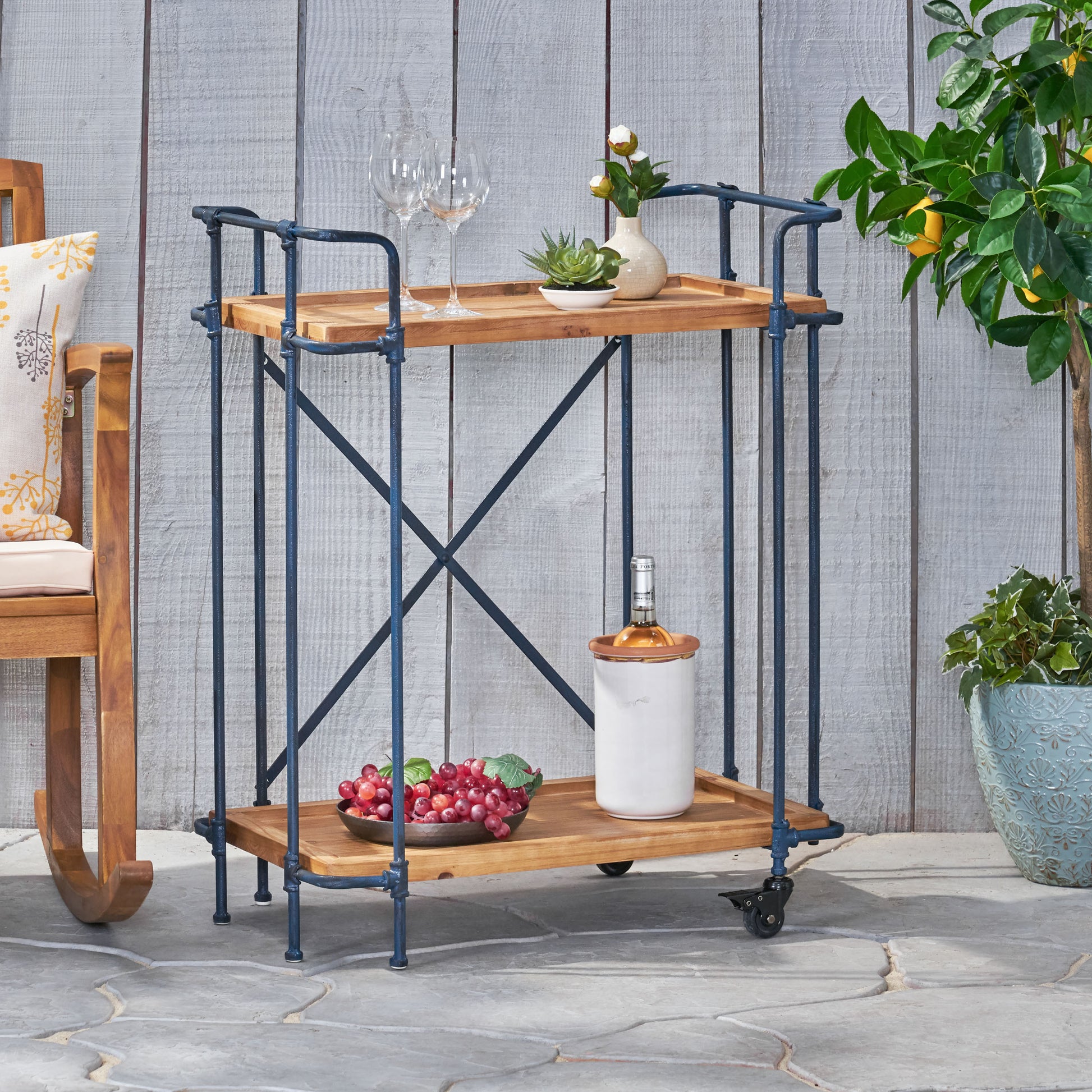 Eden Plummers Pipe Bar Cart Blue Brown Wood Metal