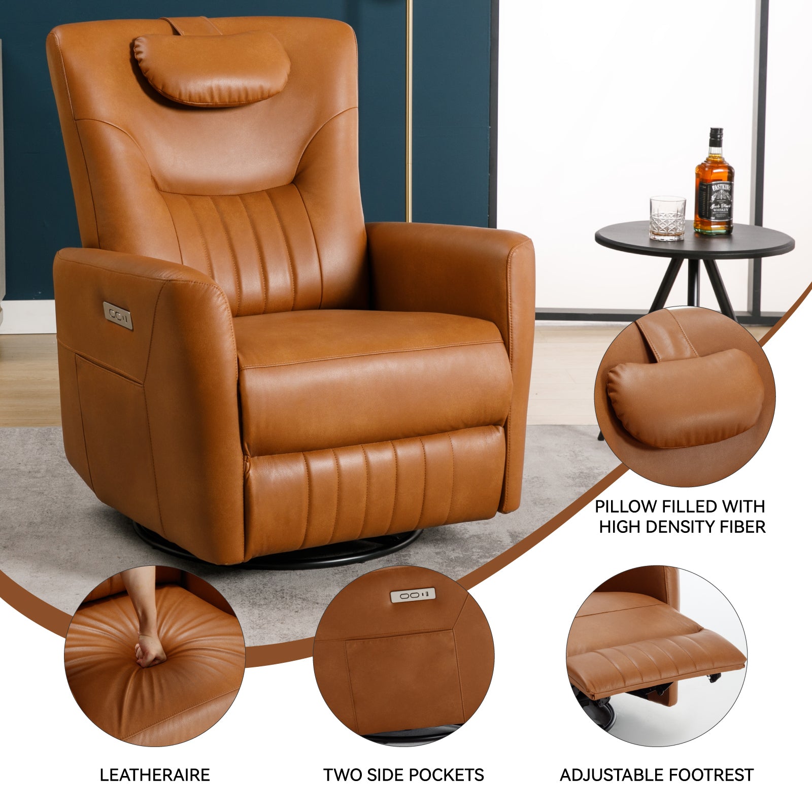 Yellow Brown Leatheraire Swivel And Rocker Power Recliner Chair With Lumbar And Neck Support Pillow, Heavy Duty Motion Mechanism With Usb And Type C Yellow Brown Faux Leather Power Push Button Metal Primary Living Space Medium Firm Tight Back Heavy Duty