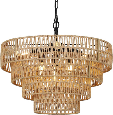 Boho Rattan Chandelier, 6 Light Dining Room Light Fixture, Wicker Pendant Lighting With 4 Tier Woven Lampshade, Large Farmhouse Chandeliers For Dining Room Bedroom Kitchen Living Room 20" Brown Rattan Metal