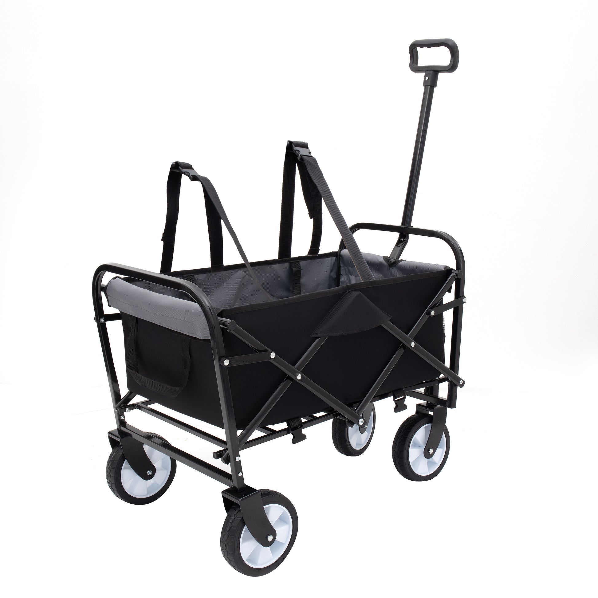Minimeetall Strap Collapsible Foldable Wagon Cart With Strapping System, Beach Wagonutility Cartutility Wagon Grocery Cart For Camping Shopping Sports Gardeing Fishing Supports 225Lbs Black Black