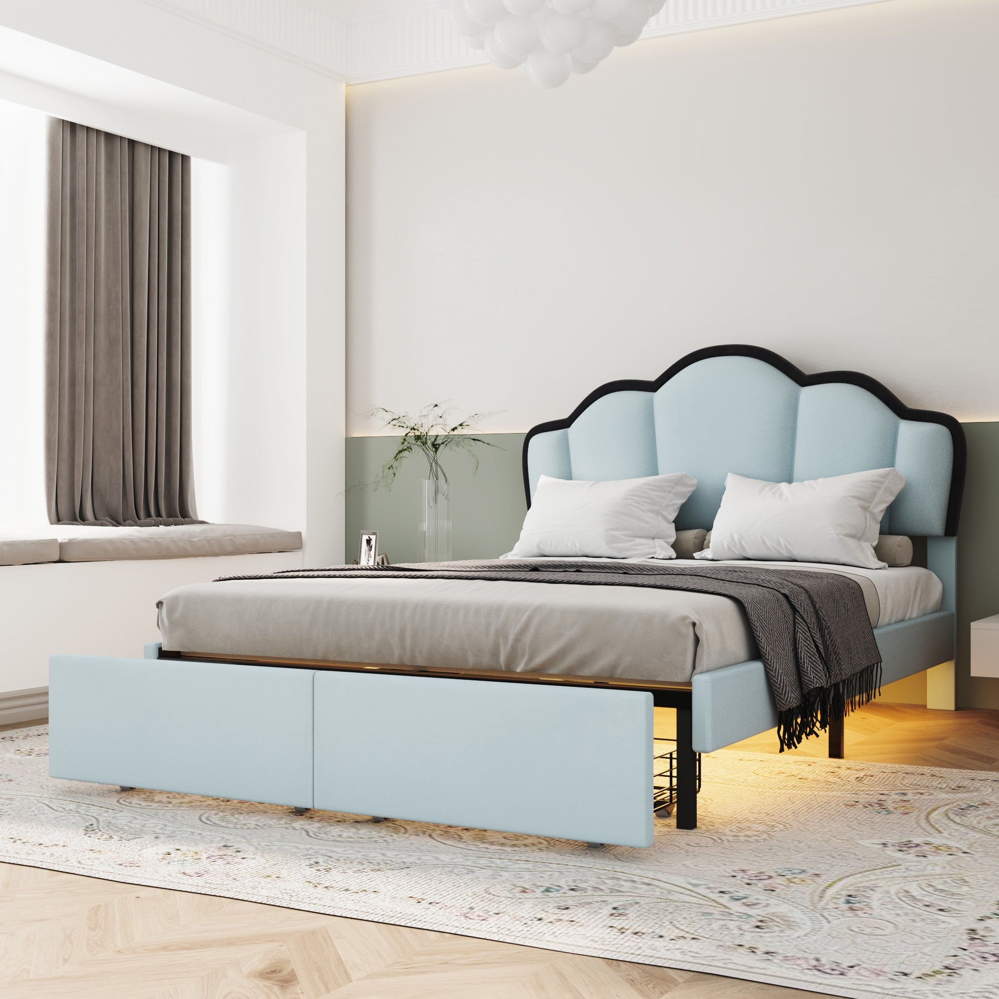 Full Size Upholstered Princess Platform Bed With Led And 2 Storage Drawers, Blue Box Spring Not Required Full Blue Wood Bathroom Bed Frame Velvet Upholstered