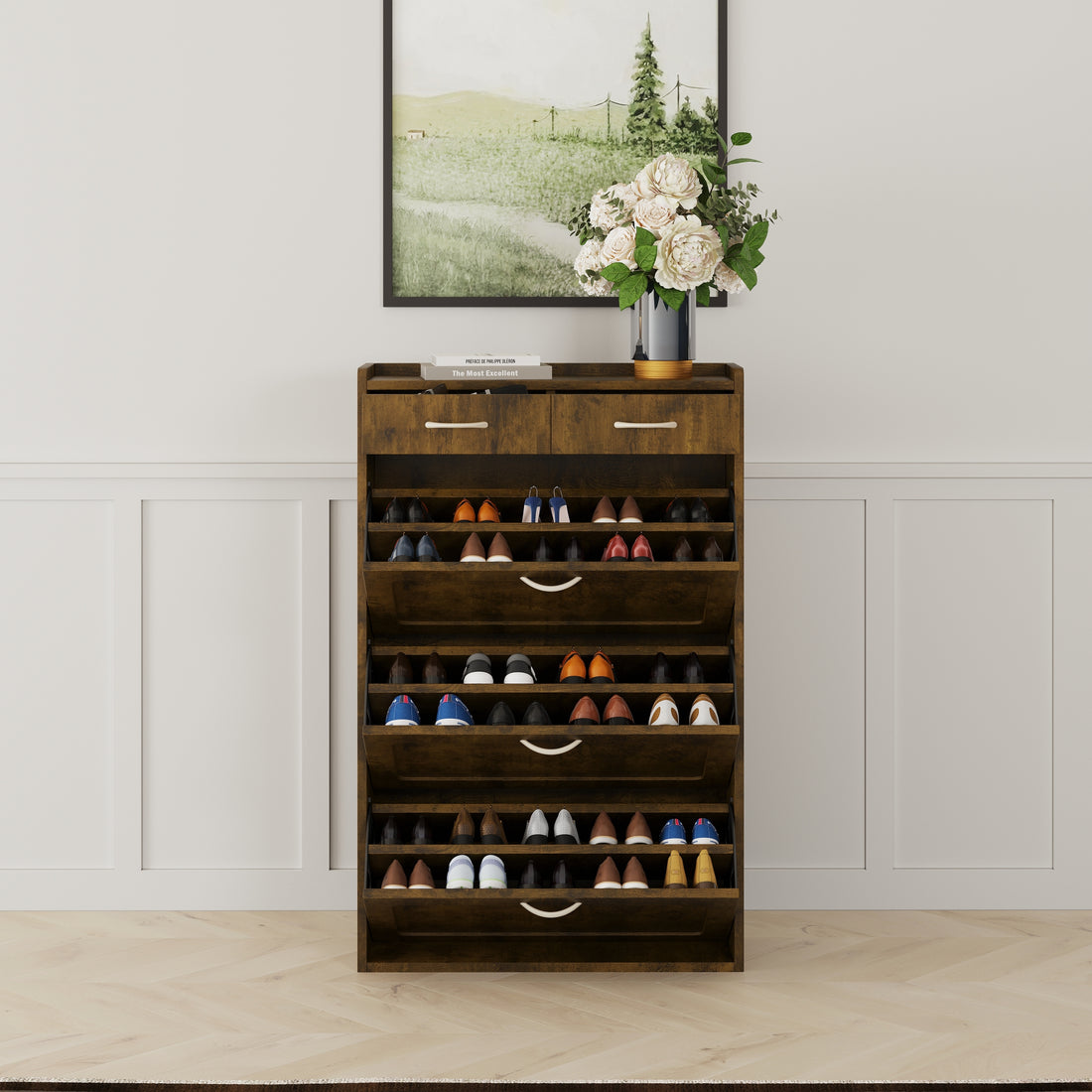 2408 Black Brown Solid Wood Shoe Cabinet, Three Layers, Flip Bucket Shoe Storage Cabinet, Simple And Generous For A Variety Of Home Styles Brown Mdf