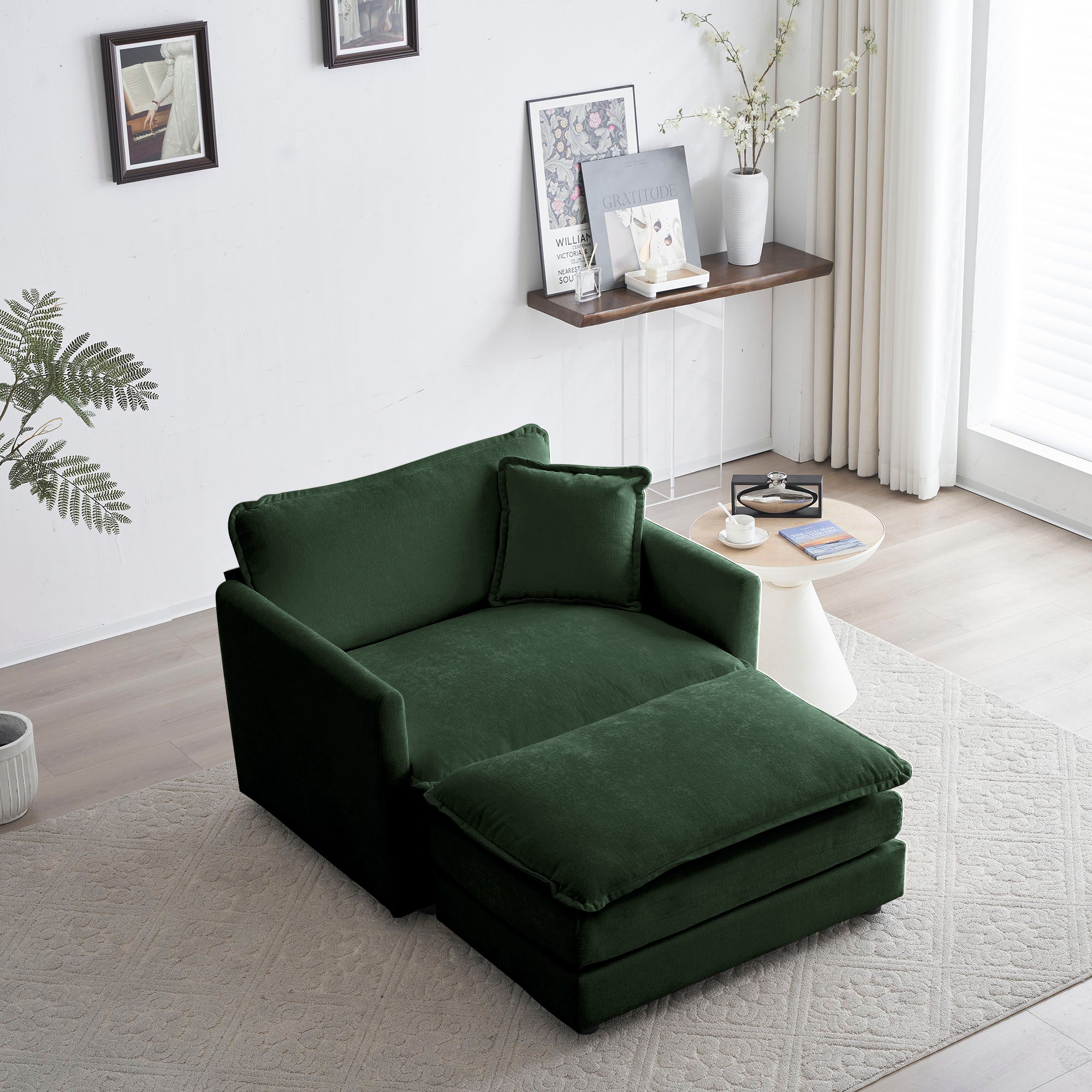 Modern Accent Chair With Ottoman, Living Room Club Chair Chenille Upholstered Armchairreading Chair For Bedroom, Green Chenille Green Chenille 1 Seat