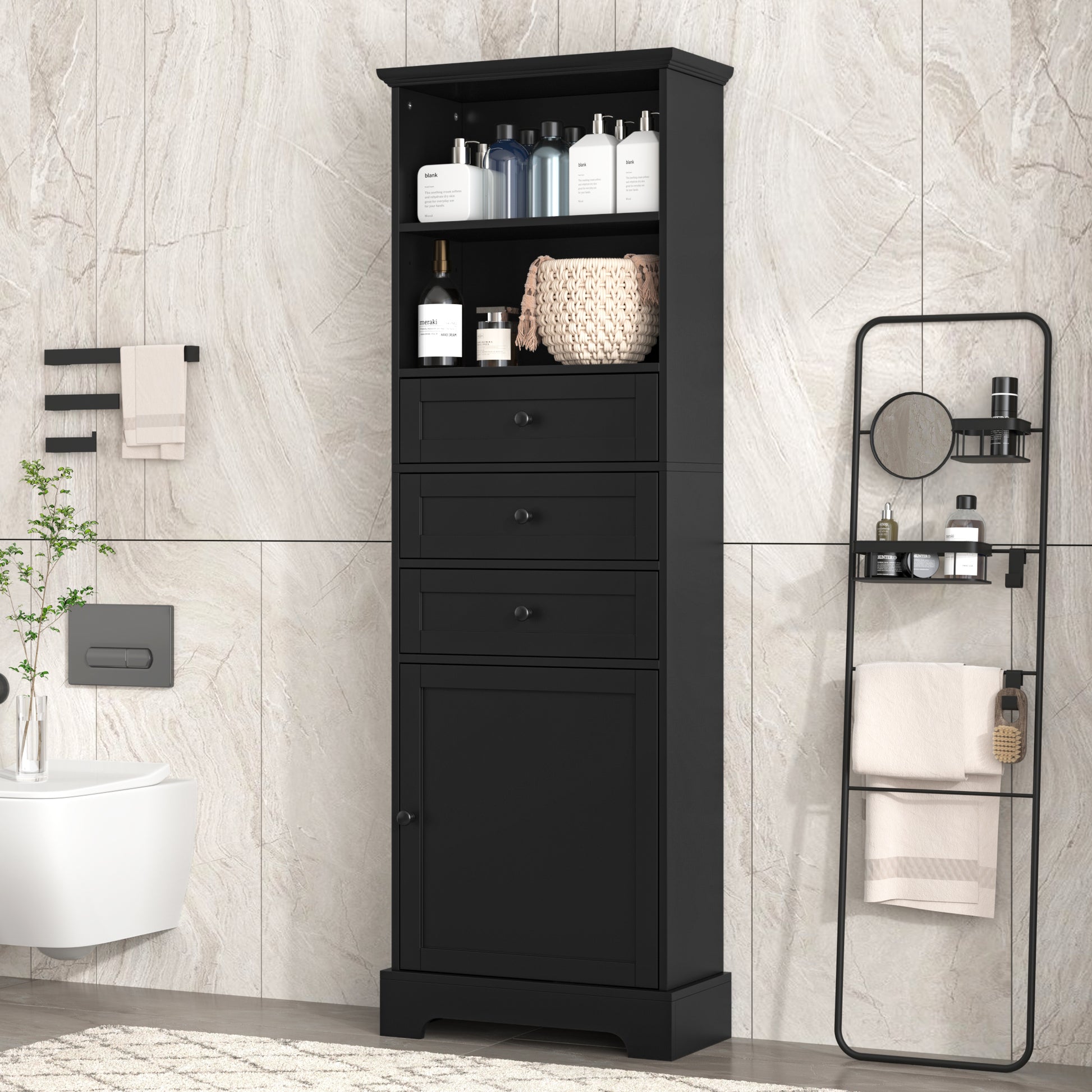 Black Tall Storage Cabinet With 3 Drawers And Adjustable Shelves For Bathroom, Study, Office And Interior, Mdf Board With Painted Finish Black Mdf