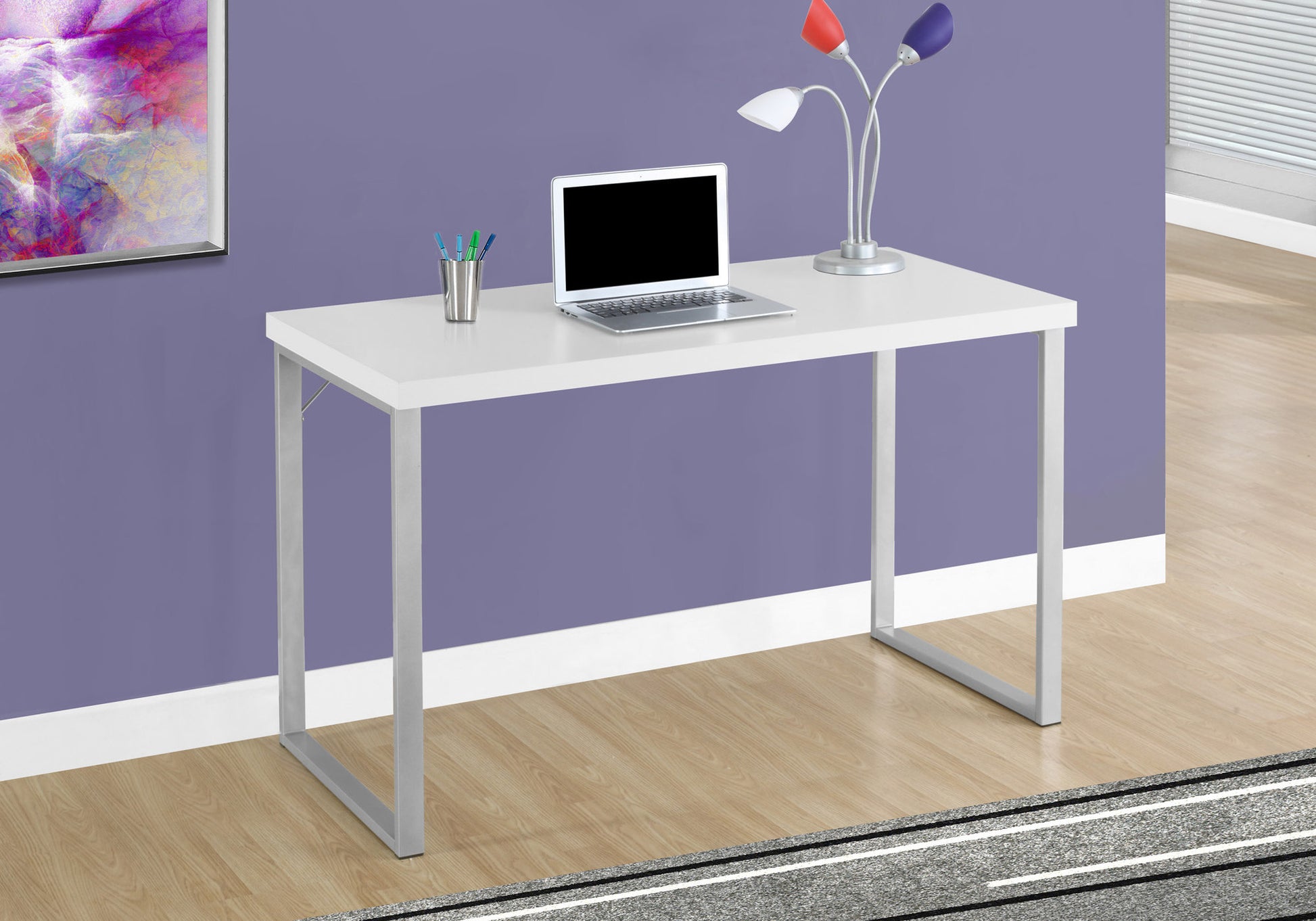 Computer Desk, Home Office, Laptop, 48"L, Work, White Laminate, Grey Metal, Contemporary, Modern White Particle Board