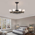 Dia 33 Inch Chandelier Ceiling Fan For Bedroom Dining Room Living Room Kitchen Farmhouse Entry,Matte Black Wood Grain Wood American Design,American Traditional,Classic,Contemporary,Farmhouse Glass Metal