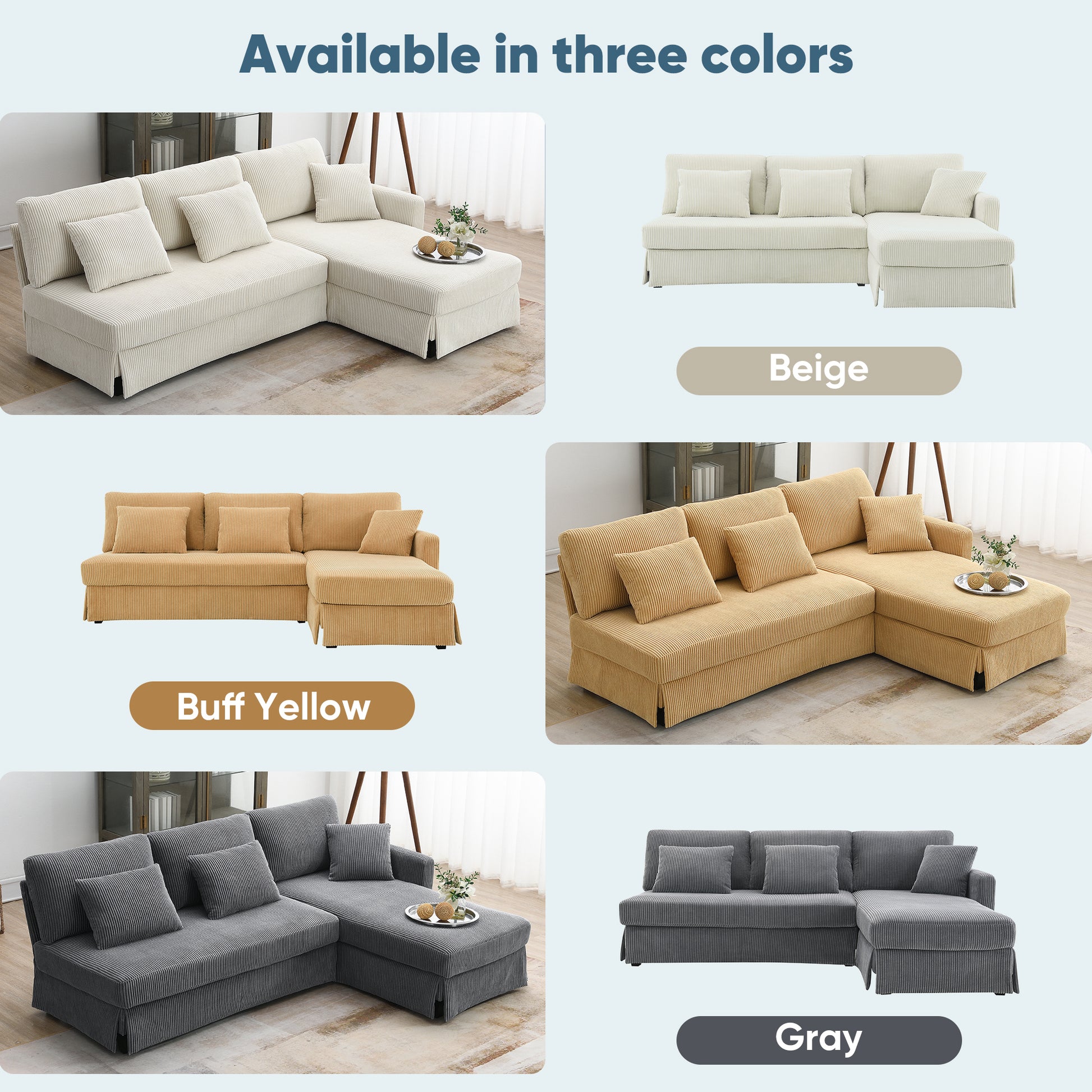 87*61"Modern L Shaped Corduroy Sofa With Reversible Chaise,4 Seat Upholstered Sectional Indoor Furniture,Convertible Sleeper Couch With Pillows For Living Room,Apartment,3 Colors Beige Corduroy 4 Seat