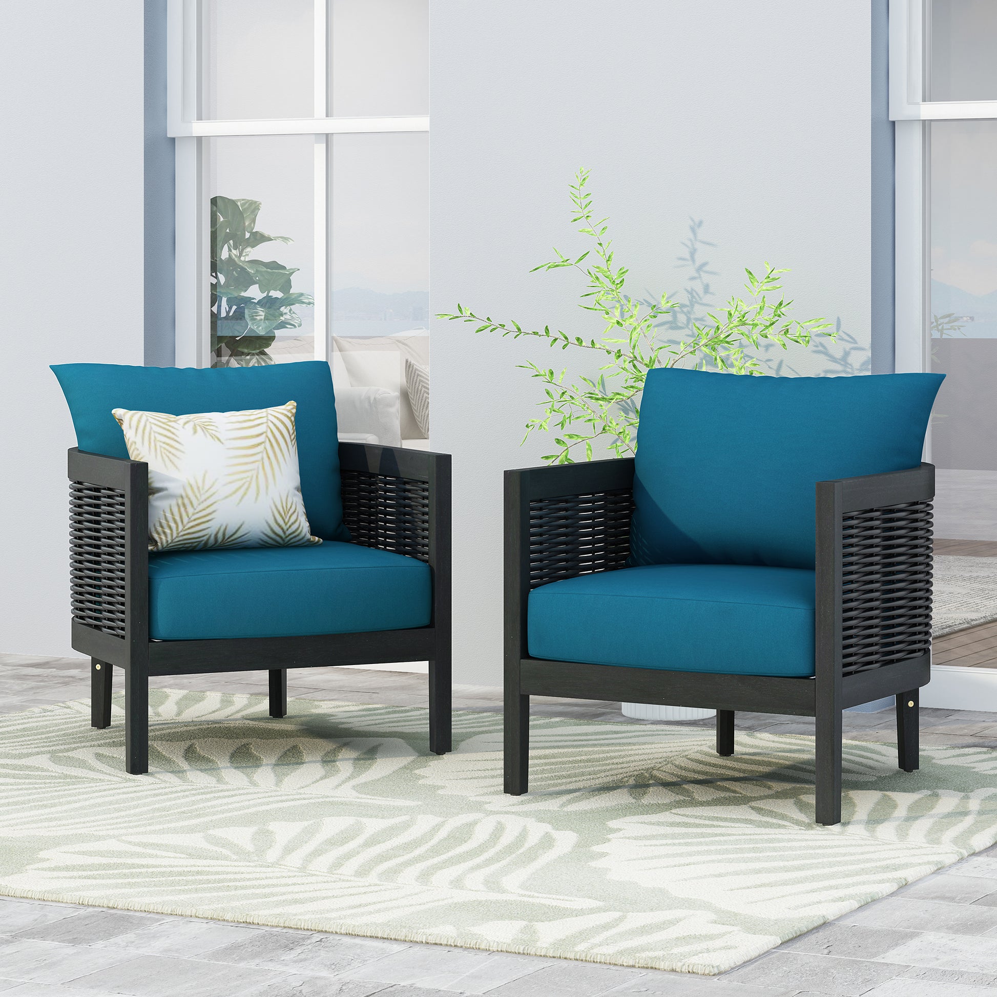 Outdoor Acacia Wood Wicker Club Chair With Cushions,Patio Furniture Conversation Seat For Backyard, Black Polyester Dark Teal Cushion, 27.50" W X 29.50" D X 24.75" H Yes Deep Seating Black,Teal Blue