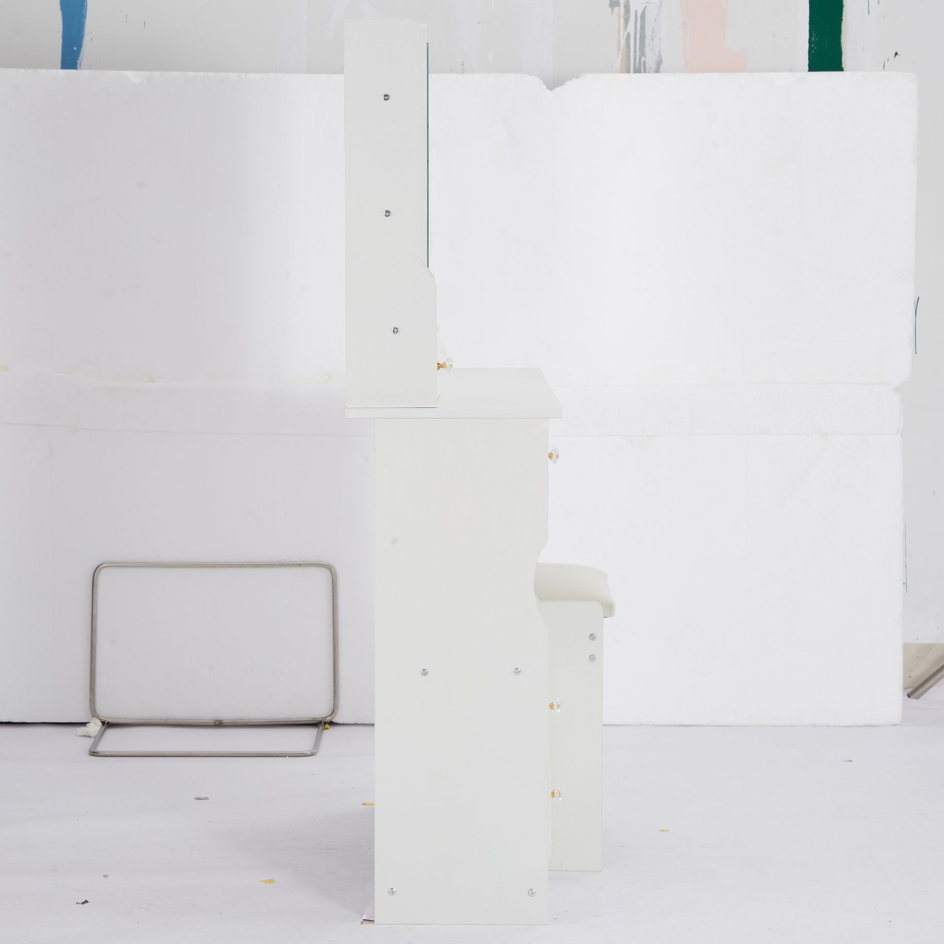 Small Size Left Drawer Desktop Vanity Table Cushioned Stool, Extra Large Sliding Mirror, Multi Layer, High Capacity Storage Fashionable Dresser, Suitable For Small Space, Epa,Gcc,Ul Certificate