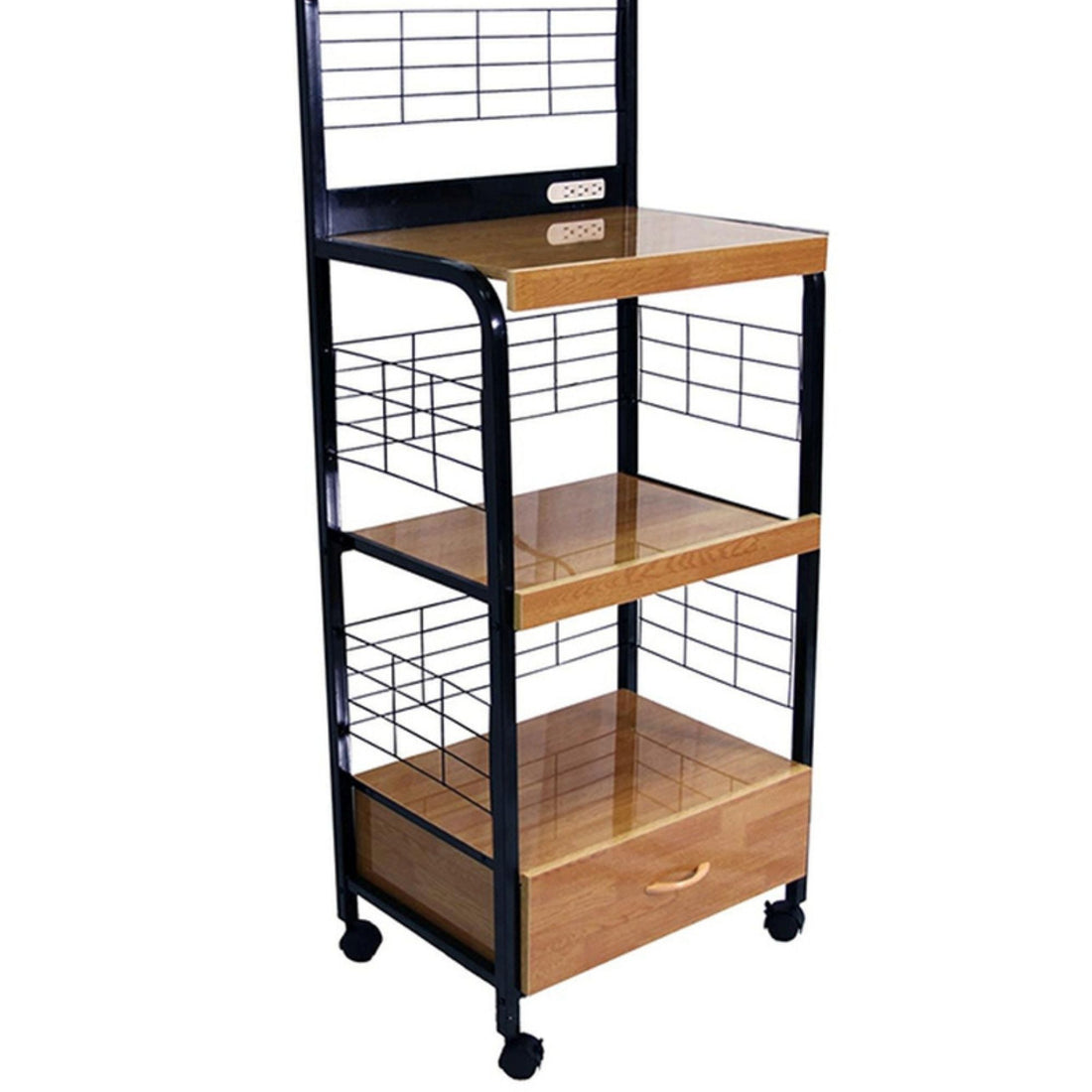 59.5" Tall 4 Tier Microwave Kitchen Cart With Drawer And Outlet, Black And Natural Multicolor Metal