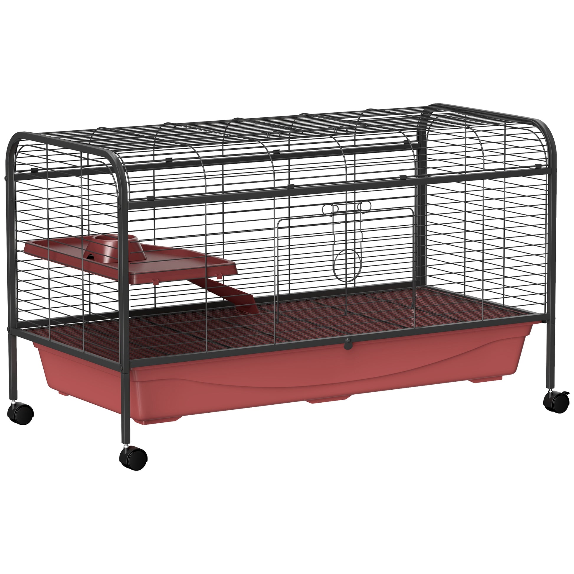 Pawhut 48" L Small Animal Cage, Rabbit Hutch, Or Ferret Pet Play House With Feeder, Rolling Wheels, Platform, Ramp Red Black Steel