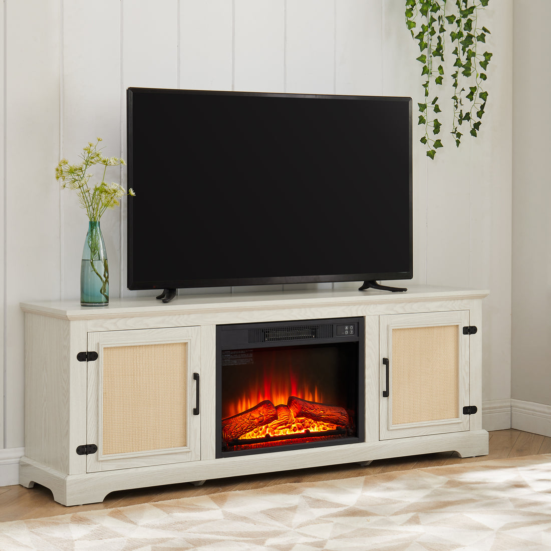 Natural Rattan Door Cabinet With Adjustable Shelf Wood, Farmhouse Rattan Tv Stand Console Table For Tvs Up To 70 Inches, Storage Tv Stand With 23" Fireplace Insert, 65"W*15.55"D*23.86"H, White White 70 79 Inches Mdf