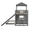 Wooden Twin Over Full Bunk Bed, Loft Bed With Playhouse, Farmhouse, Ladder, Slide And Guardrails, Antique Gray Old Sku :Lt000028Aae Twin Antique Gray Solid Wood