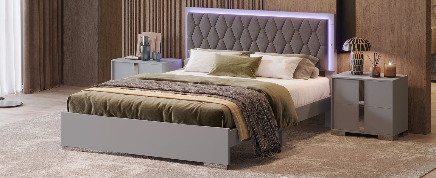 Queen Size Upholstered Bed With Led Lights,Modern Platform Bed With Velvet Headboard,Grey Queen Grey Mdf