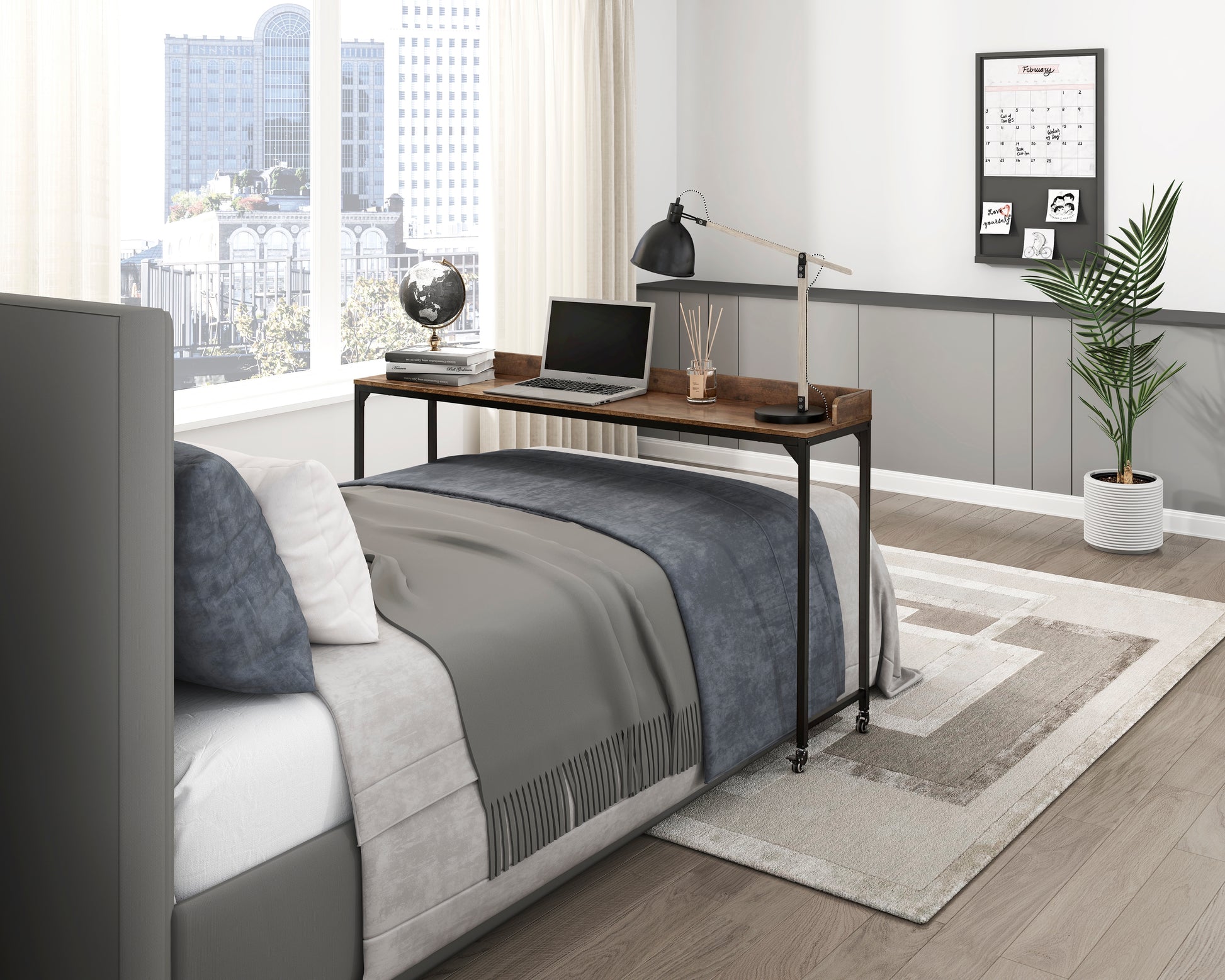 Rustic Brown Wood Finish Multipurpose Over The Bed Desk With Adjustable Height, Metal Legs With Casters, Overbed Table 1Pc, Laptop Table For Bed, Breakfast Table Rustic Brown Rectangular Engineered