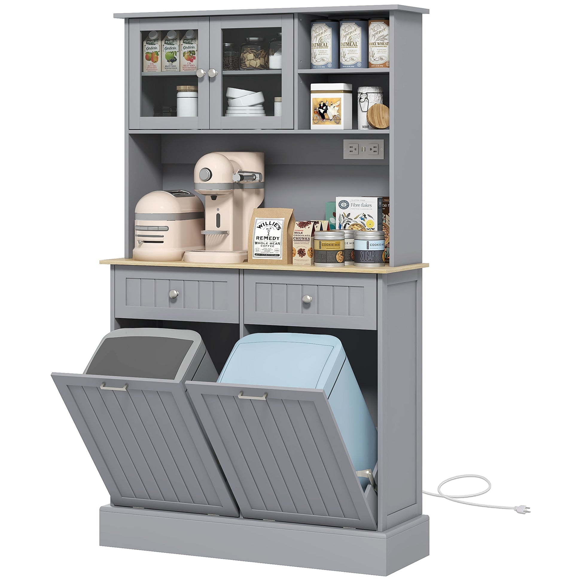 Homcom 68" Kitchen Pantry Storage Cabinet With Charging Station, 2 Tilt Out Trash Cabinets And Microwave Stand, Freestanding Kitchen Hutch With Glass Doors And Adjustable Shelf, Gray Gray Mdf