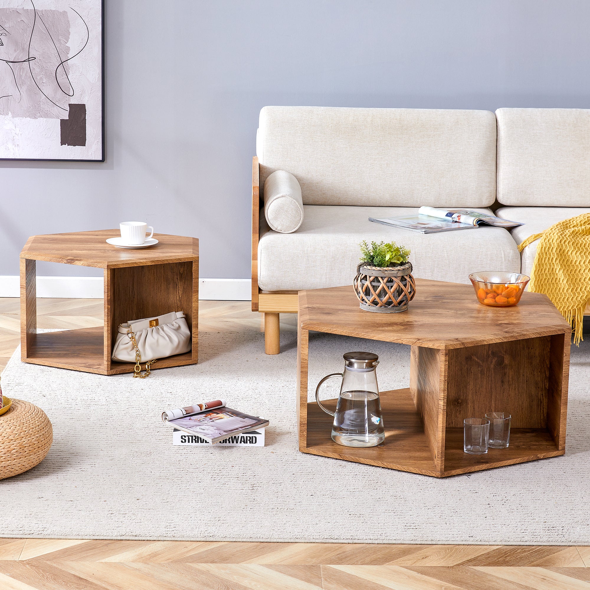 Modern Minimalist Wood Color Hexagonal Coffee Table Set.Hexagonal Mdf Coffee Table, Characteristic Pattern Stickers, Multi Hole Design To Give More Storage Space.Two Coffee Tables Of Different