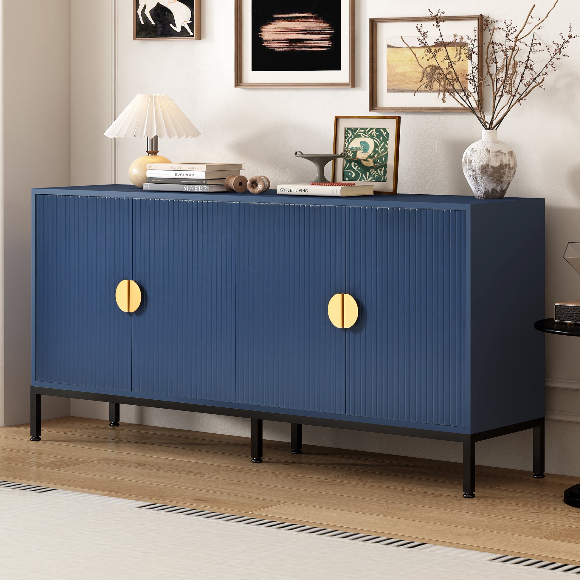 Exquisite Vertical Striped Four Door Sideboard With Sturdy Metal Legs And Semi Circular Handles, Suitable For Study, Entryway And Living Room Navy Blue Primary Living Space American Design Mdf