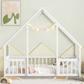 Twin Wood House Shaped Floor Bed With Fence, Guardrails ,White Twin White American Design Pine