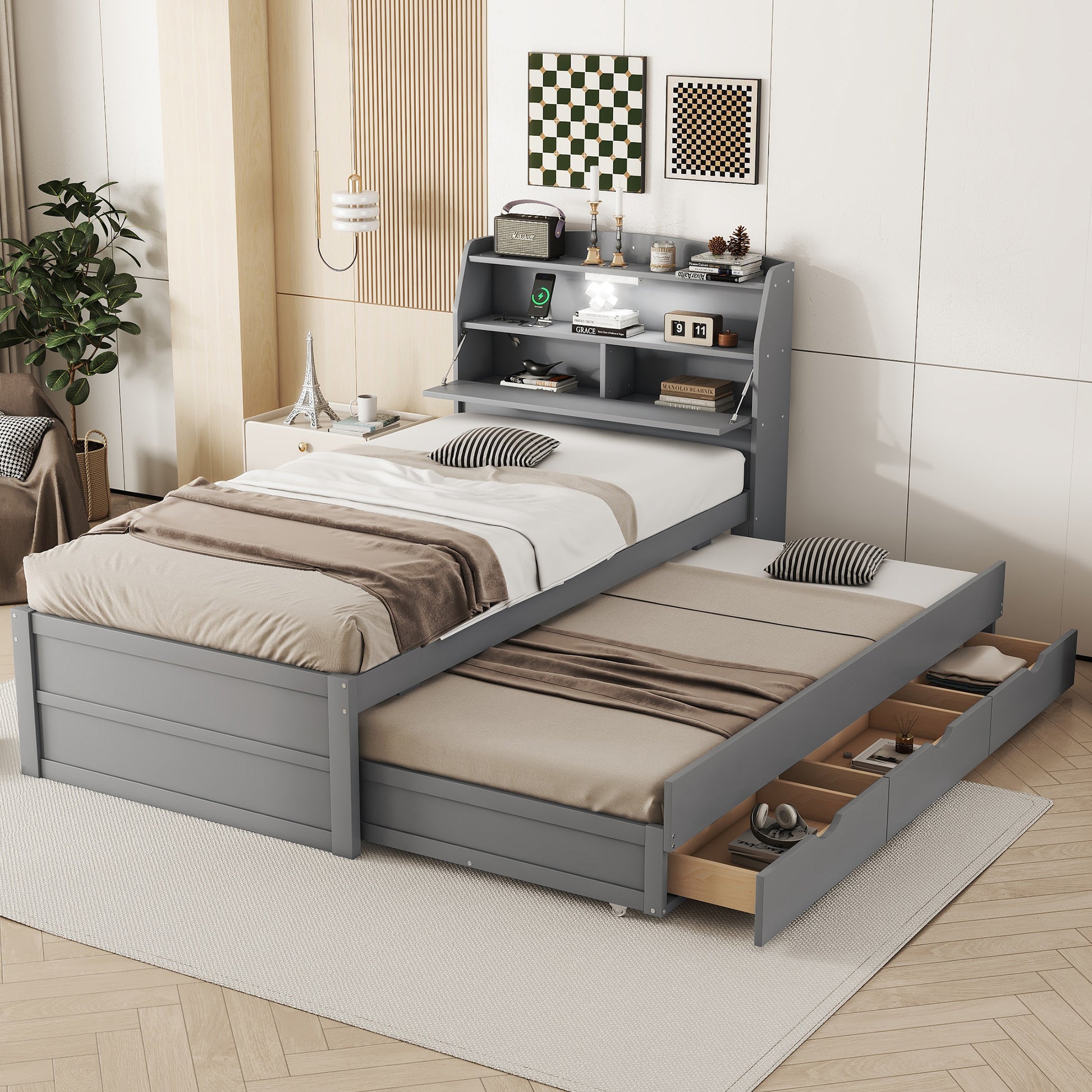 Twin Size Wooden Led Platform Bed With Trundle, With Storage Headboard, With Drawers, Gray Twin Gray Plywood