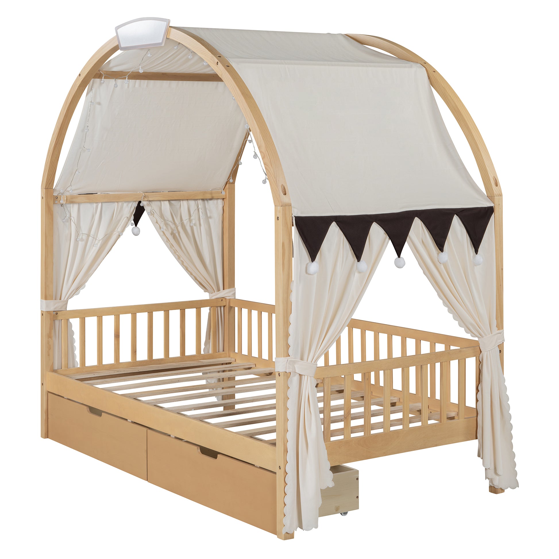 Twin Size Bed With Arched Roof And 2 Drawers, Natural Twin Natural Plywood