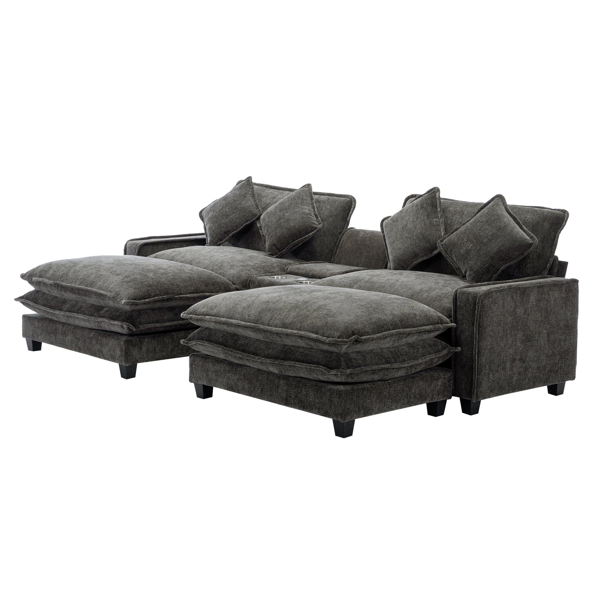 112.6" Sectional Sofa Chenille Upholstered Sofa With Two Removable Ottoman, Two Usb Ports, Two Cup Holders And Large Storage Box For Living Room, Black Black Foam Chenille 2 Seat