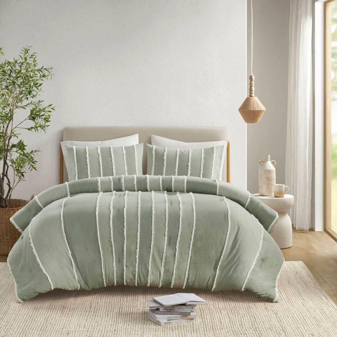 3 Piece Striped Cotton Comforter Set Sage King Cal King Sage Cotton