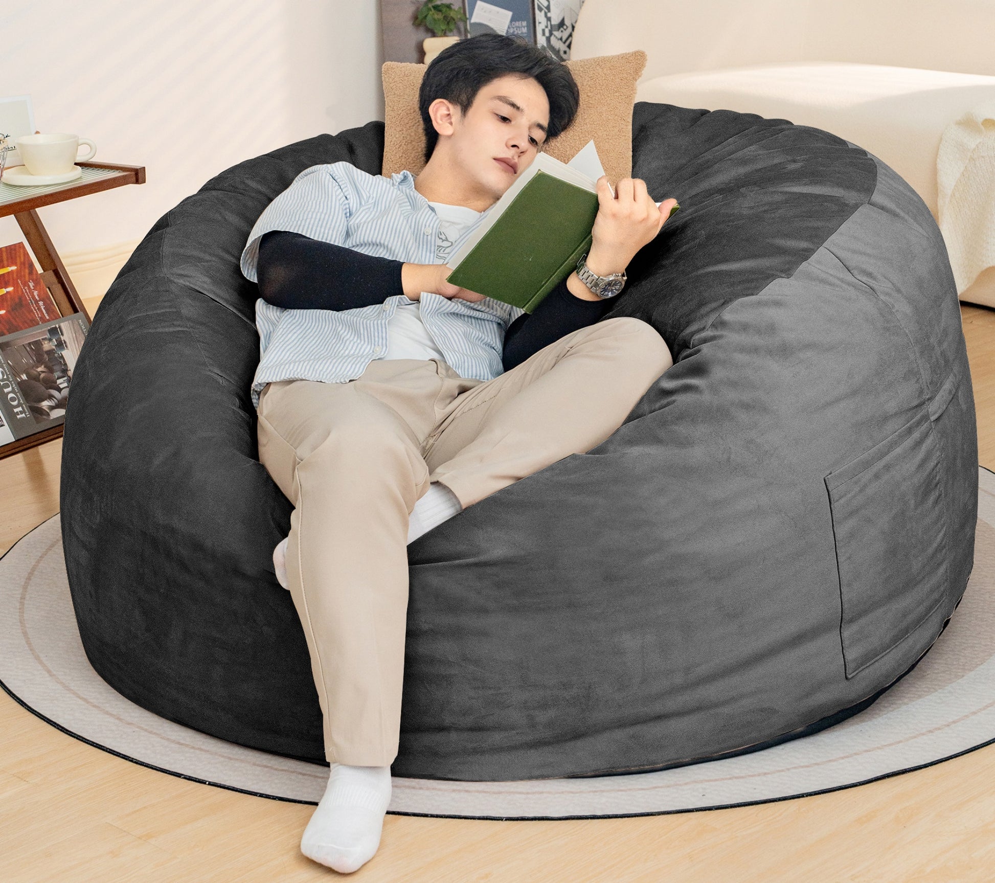 Bean Bag Chair: Giant 5' Memory Foam Furniture Bean Bag Chairs For Adults With Microfiber Cover 5Ft Gray Primary Living Space Soft Casual,Classic,Modern Foam Lychee Velvet